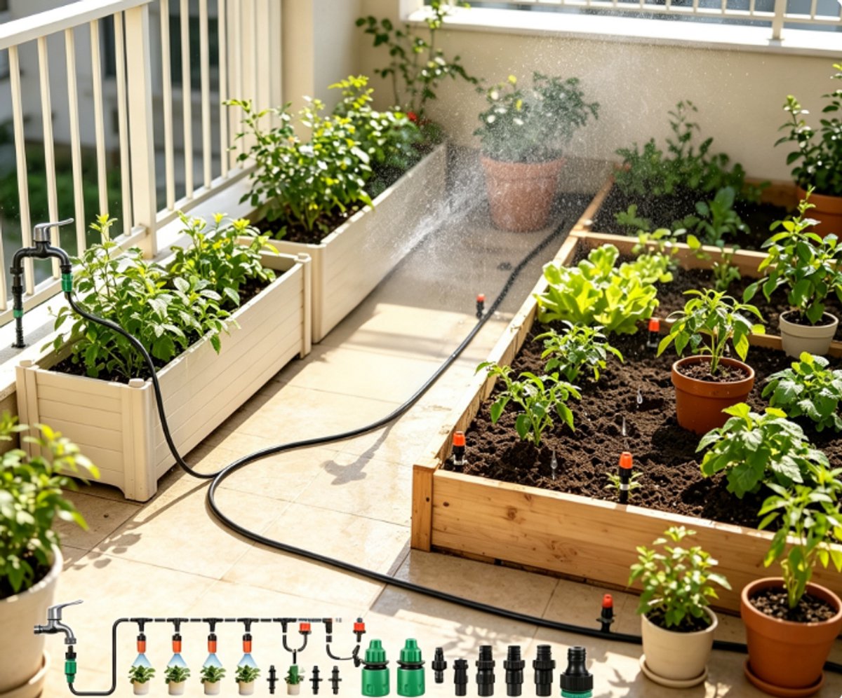 Druppelirrigatieset, automatisch plantenbewateringssysteem met 1/4 inch slangen, verstelbare sproeikoppen en druppelaars. Ideaal voor balkon, terrassen, plantenbakken, moestuin en kas, eenvoudige zelfinstallatie en waterbesparend.