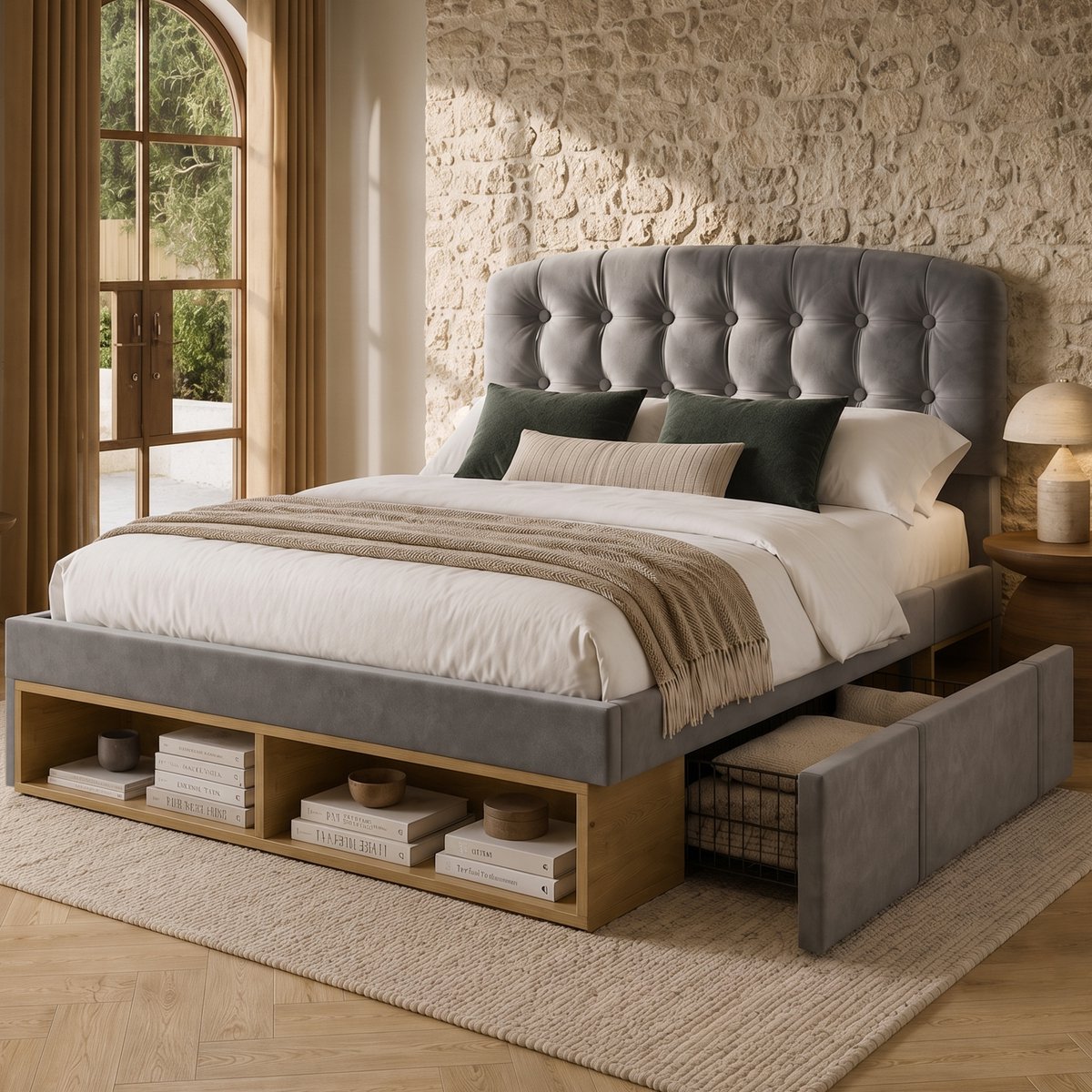 Bedframe - 140x190 Cm - Bed - Met Lattenbodem - Met Opbergruimte - Grijs - Zonder Matras