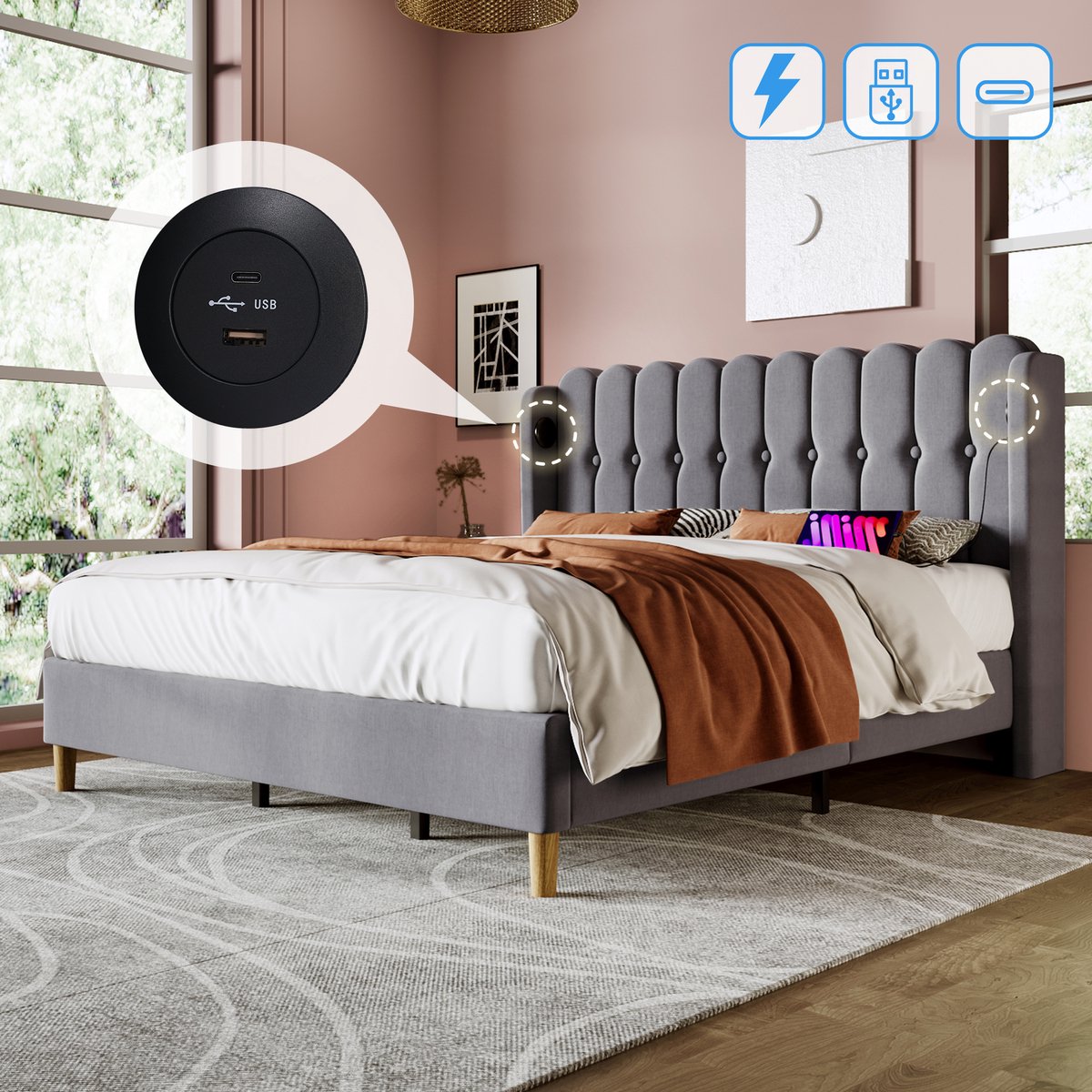 Bedframe - 180x200 Cm - Bed - Met Lattenbodem - USB C - Grijs
