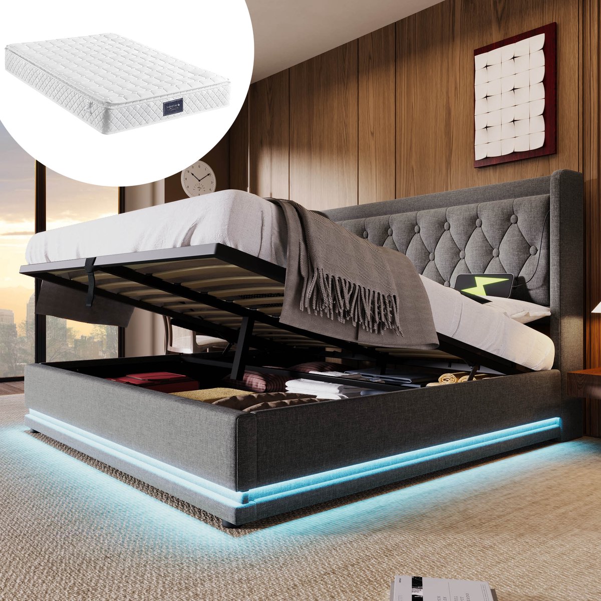 Bedframe - 160x200 Cm - Bed - Met Lattenbodem - Met Opbergruimte - LED - USB C - Grijs - Met Matras