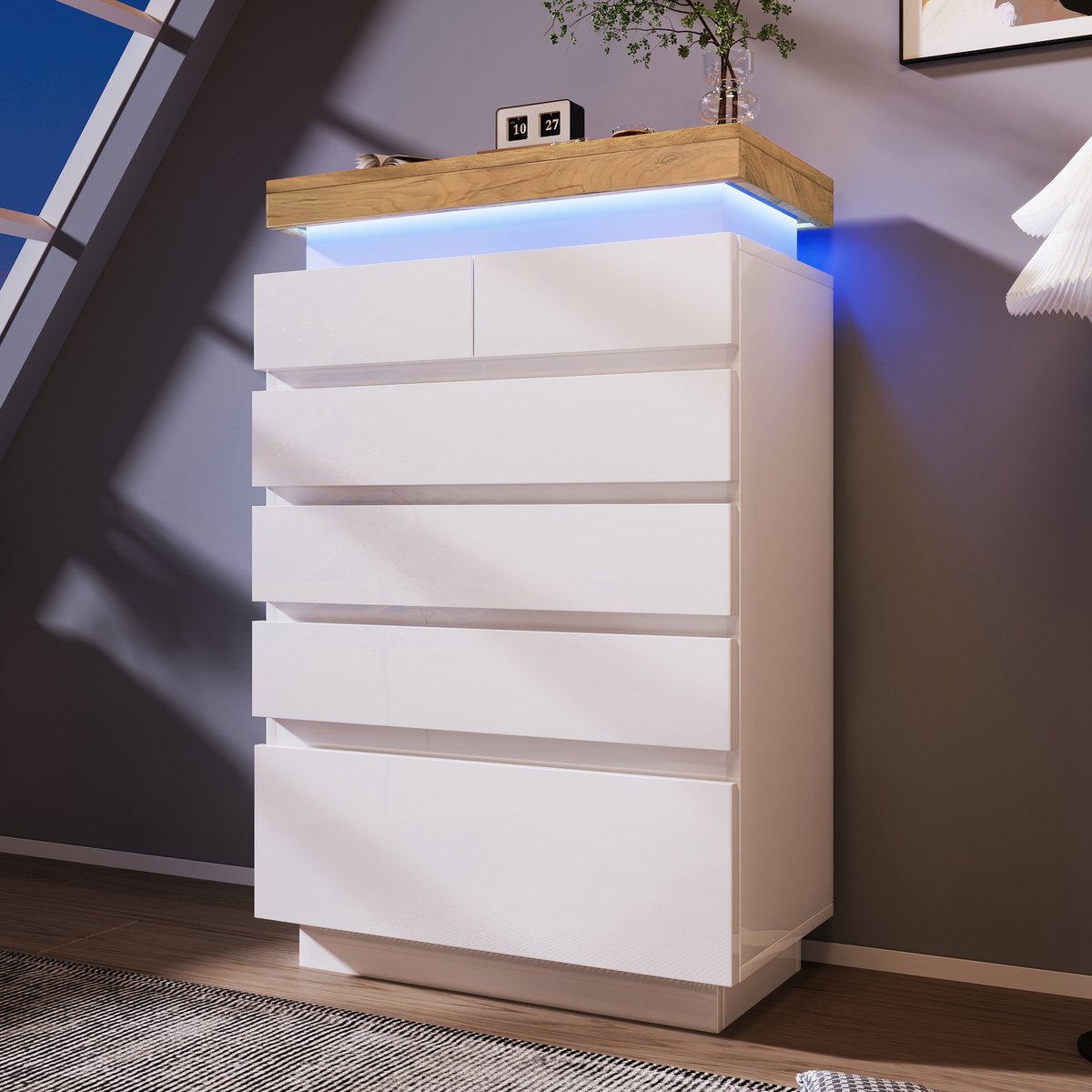 Ladekast Met 6 Laden - LED Verlichting Met App, Hoogglans, Dressoir, 115 x 73 x 39 cm, Wit