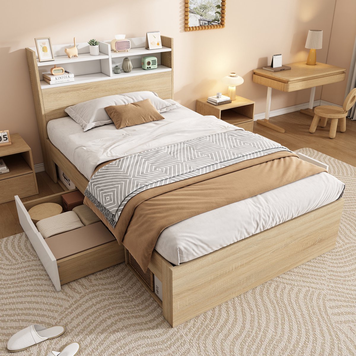 Bedframe - 90x190 Cm - Bed - Met Lattenbodem - Met Opbergruimte - Wit - Zonder Matras