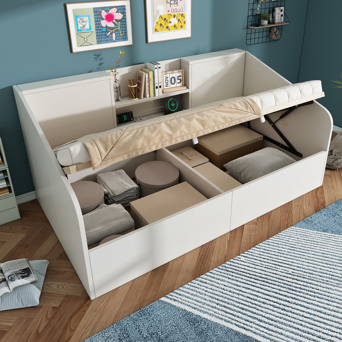 Bedbank - 90x200 Cm - Bed - Met Lattenbodem - Met Opbergruimte - USB C - Wit - Zonder Matras