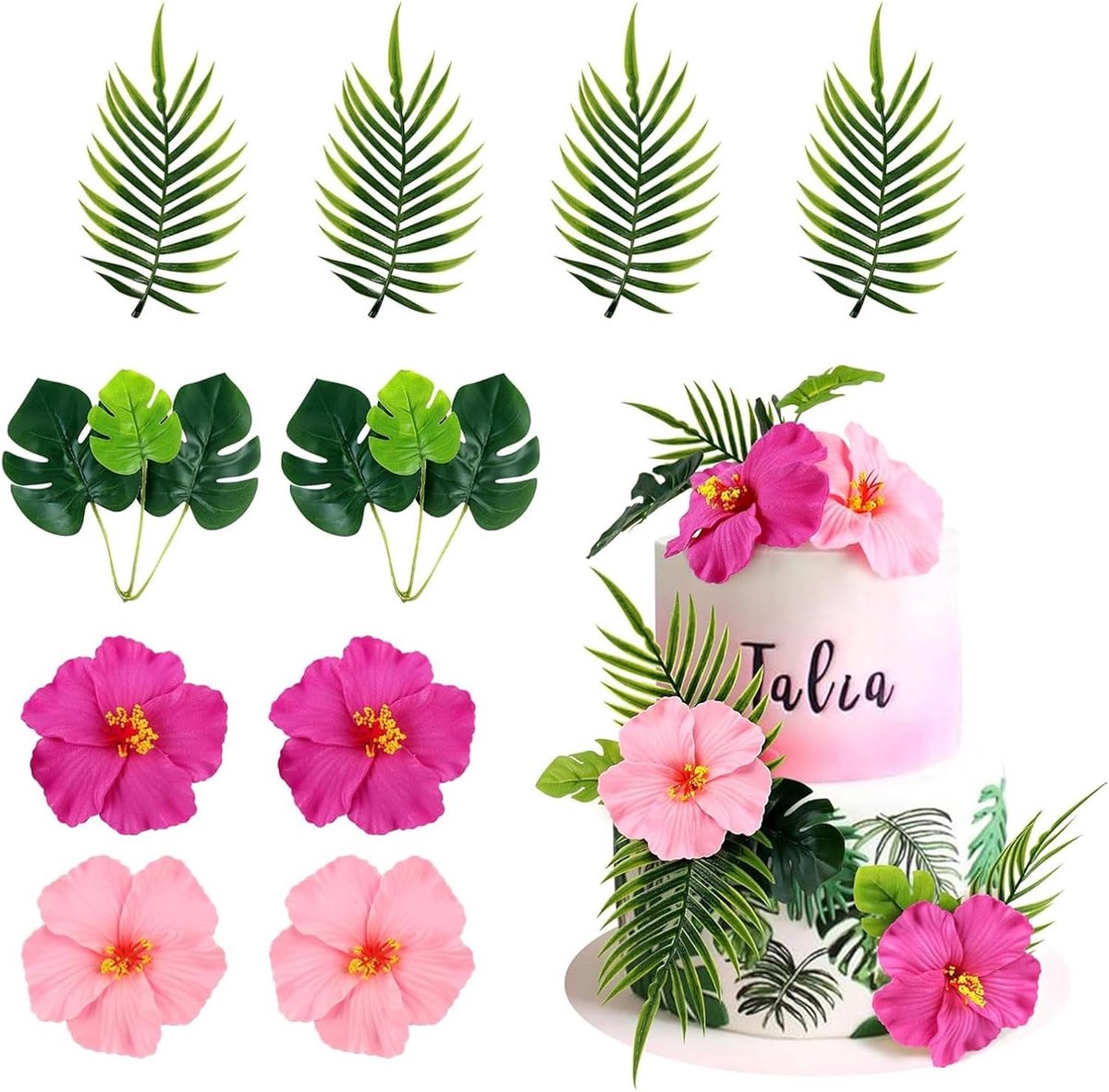 10 kunstmatige hibiscusbloem-caketoppers, Hawaii-roze, taartdecoratie voor Hawaii-themafeesten, verjaardagen, verlovingen, bruiloften, zomerfeesten en vieringen