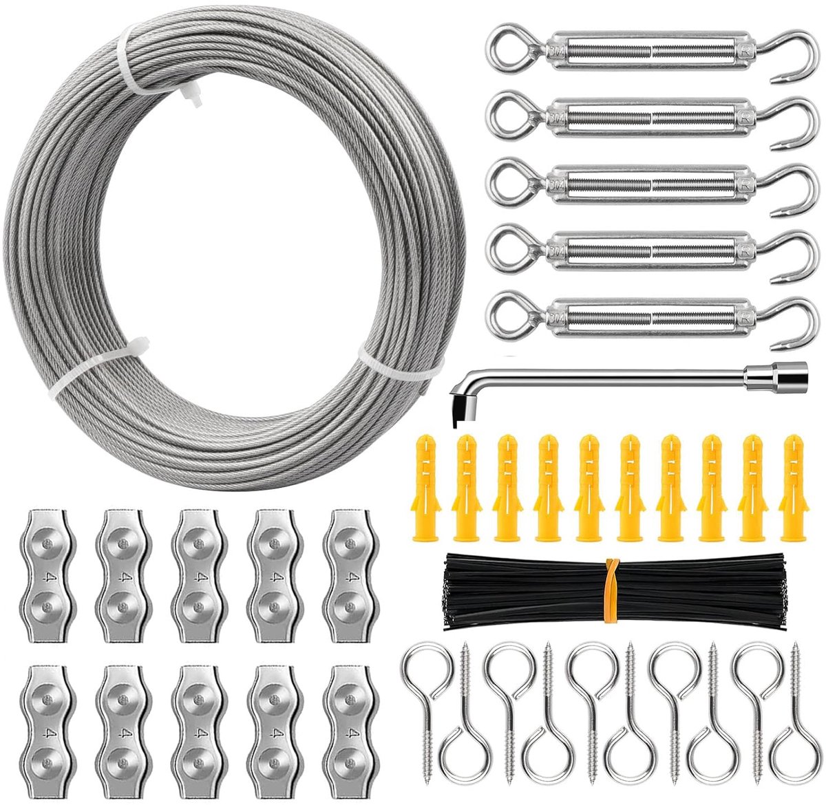 30 Meter Roestvrijstalen Staalkabelset Met Spanners En Klemmen – 3 mm PVC-Gecoat Op Maat Te Snijden Roestwerend – Voor Het Ophangen Van Verlichting Hekken Klimplanten En Doe-Het-Zelfprojecten Buitenshuis