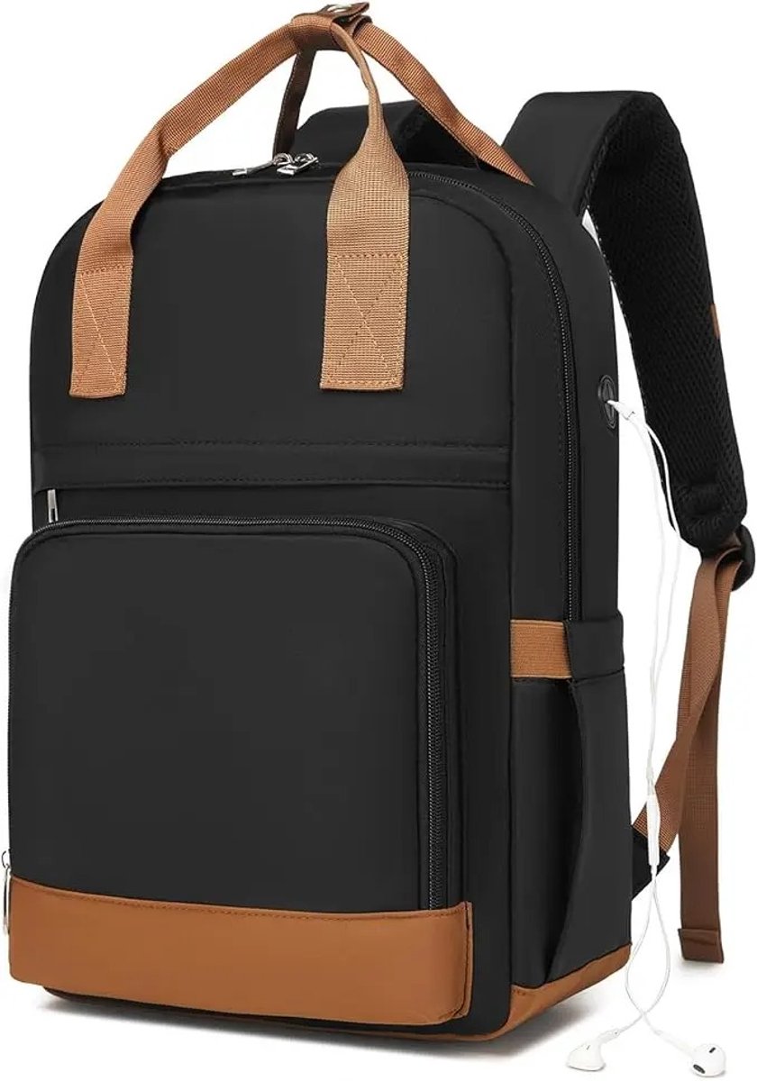 KONO rugzak – 15,6 inch laptoptas – 6 vakken - Waterafstotende schooltas voor jongens en meisjes – 17 Liter inhoud - Werktas voor dames en heren – USB-oplaadpoort – Bagageriem – Zwart met waterafstotende onderkant