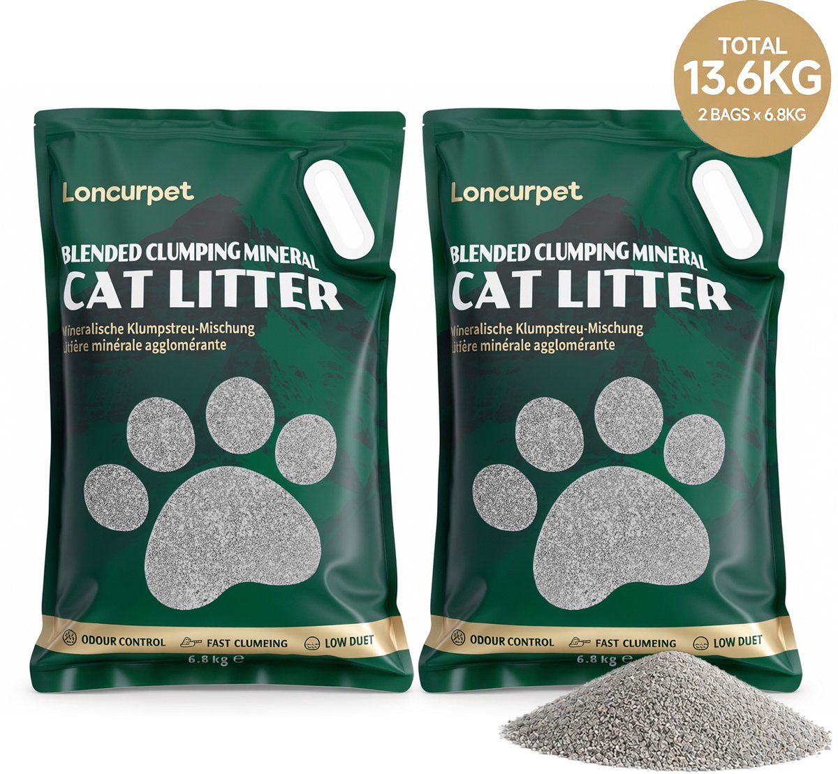 Loncurpet - Kattenbakvulling - Gemengd Kattengrind - 2 x 6,8kg - Natuurlijke Ruw Erts samenstelling - Snelle klontvorming - 100% Stofvrij - Optimale Geurcontrole