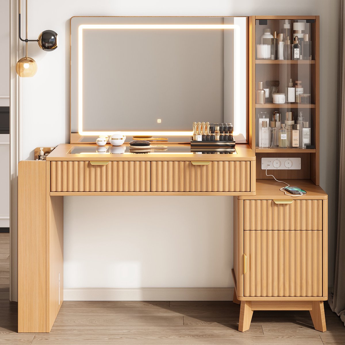 VVBV Kaptafel 133x40x136 cm - Met Spiegel, Glazen Tafelblad, USB & Type-C, Opbergruimte - Naturel, Spaanplaat