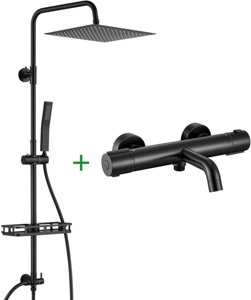 Auralum Max Regendouche met Thermostaatkraan - RVS Doucheset - 12 inch XL Douchekop - Met Thermostatische Badkraan en Plankje - Verstelbare Hoogte 72-110 cm - Regendoucheset - Waterbesparend - Zwart