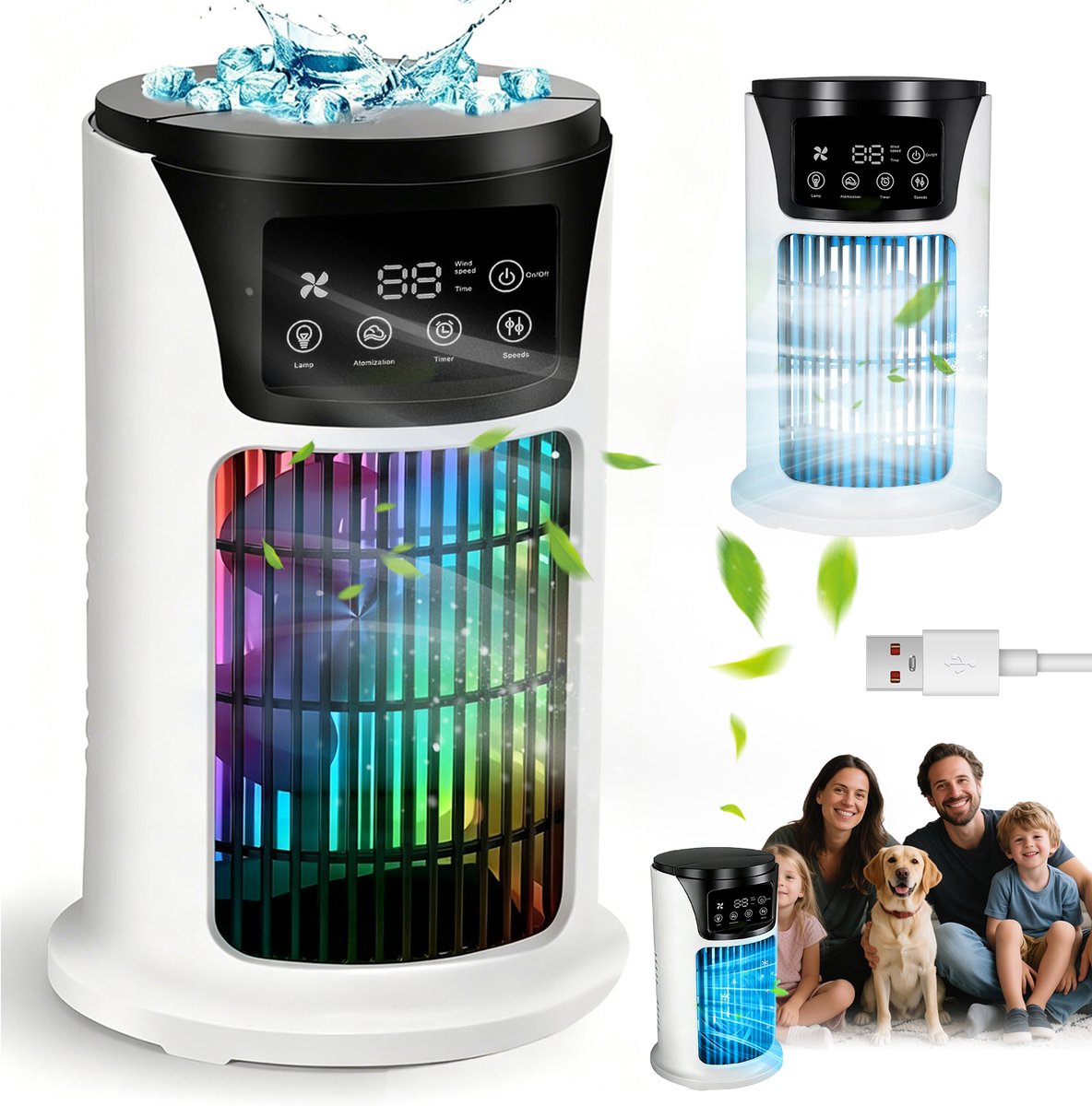 Torenventilator - Watergekoeld Ventilator - Mobiele Aircooler - Persoonlijke Koeler - Luchtbevochtiger - Waternevel - 300ml - 6 Standen & 6 Kleuren & Timer - Tower Fan - Voor Thuis Kantoor en Reizen