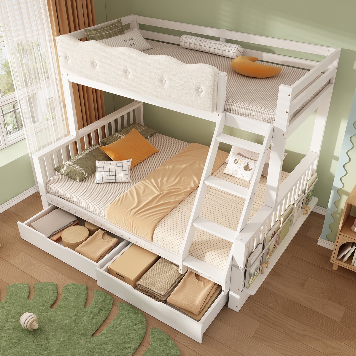 Stapelbed 90x200cm - 140x200cm - kinderbed met wolkenhekje - lades en tijdschriftenrek - wit - zonder matras