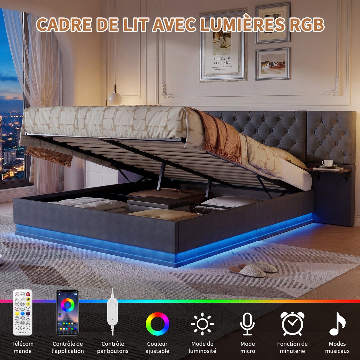 Gestoffeerd bed 140x200cm met LED-verlichting en USB/Type-C-aansluiting, hydraulisch opbergbed, tweepersoonsbed met 2 nachtkastjes, breed hoofdeinde, hydraulisch opbergbed, Liene, grijs (matras niet inbegrepen)