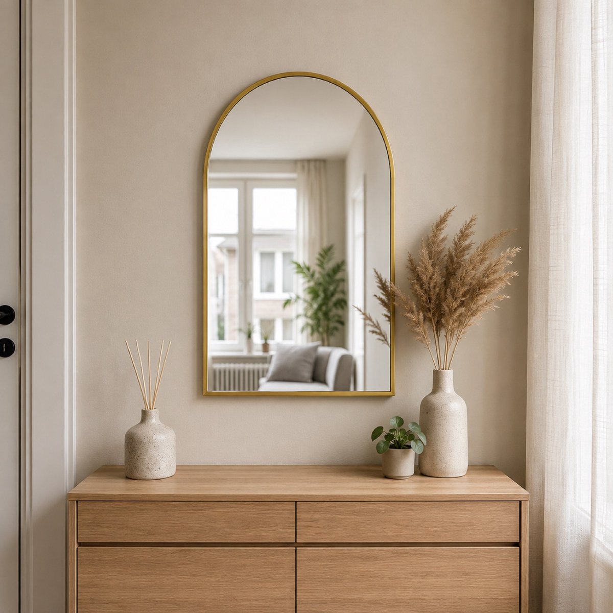 Boogvormige Wandspiegel 91×61cm Goud – Aluminium Frame, Gehard Veiligheidsglas, Moderne Spiegel voor Hal & Woonkamer
