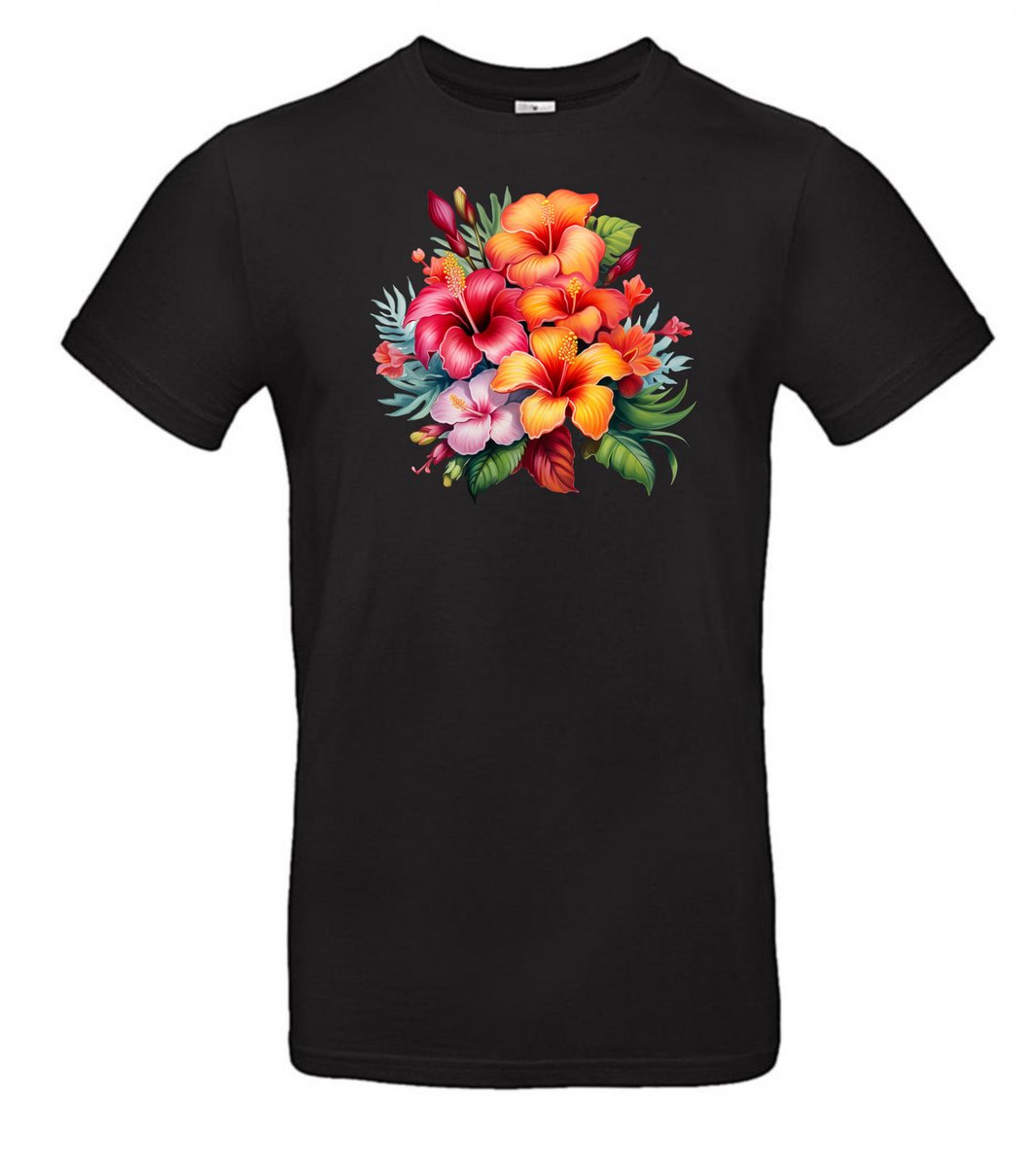 T-shirt zwart met opdruk van mooie fleurige tropische bloemen maat XXL van Shirtmakelaar