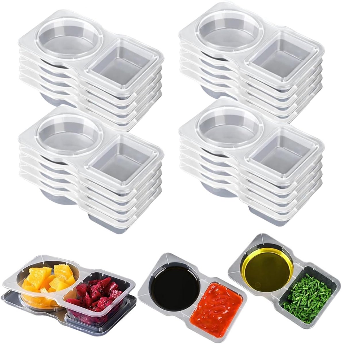 20 stuks herbruikbare snackverpakkingen met deksels, dubbele compartimenten, snackpot, specerijencontainers, kleine dippotten, 2 compartimenten voor lunch, reizen