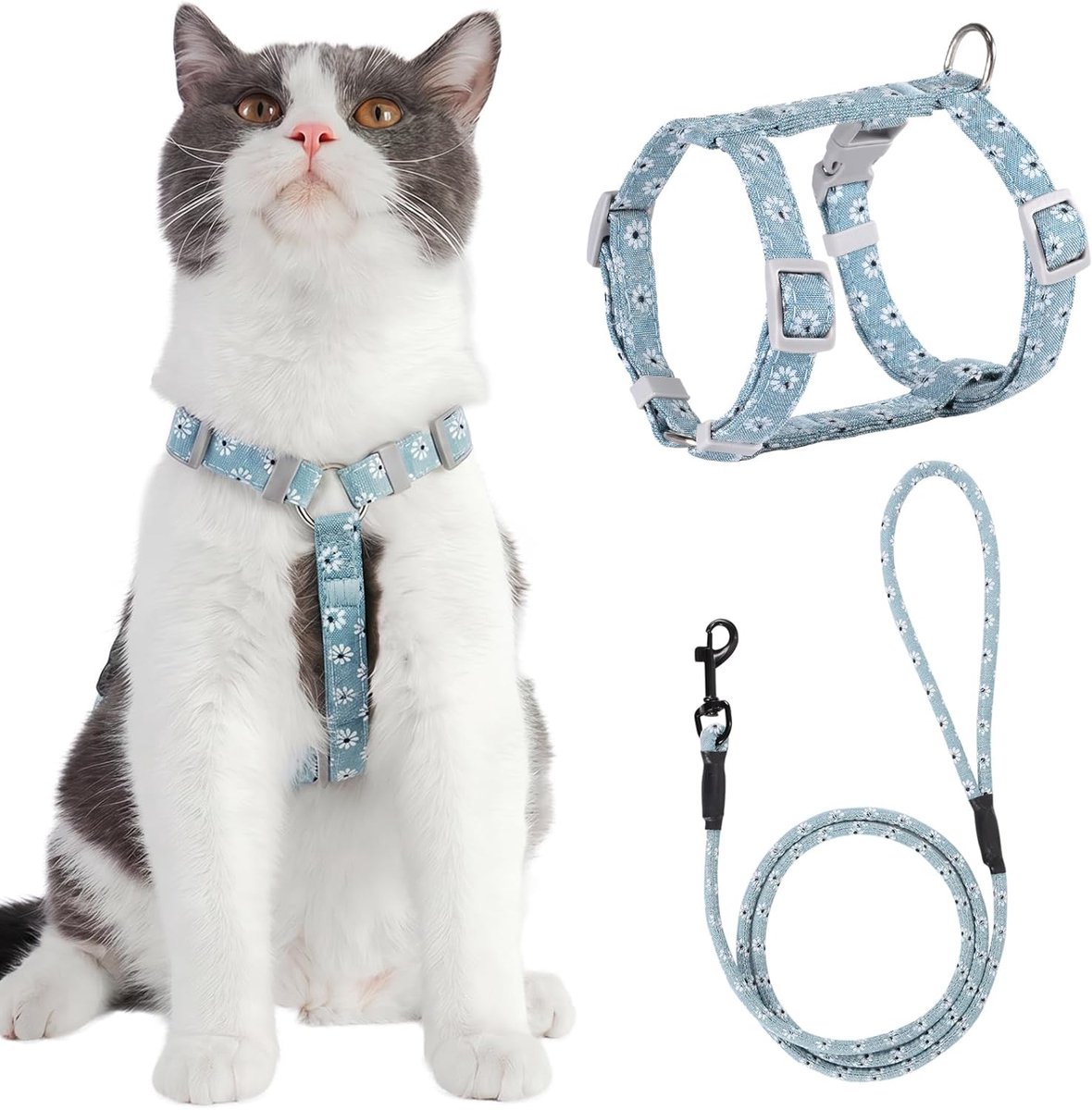 Kattenharnaslijn, Verstelbaar Harnas en 145CM Touwlijn voor Kattenveiligheid Wandelen (S Blauw)