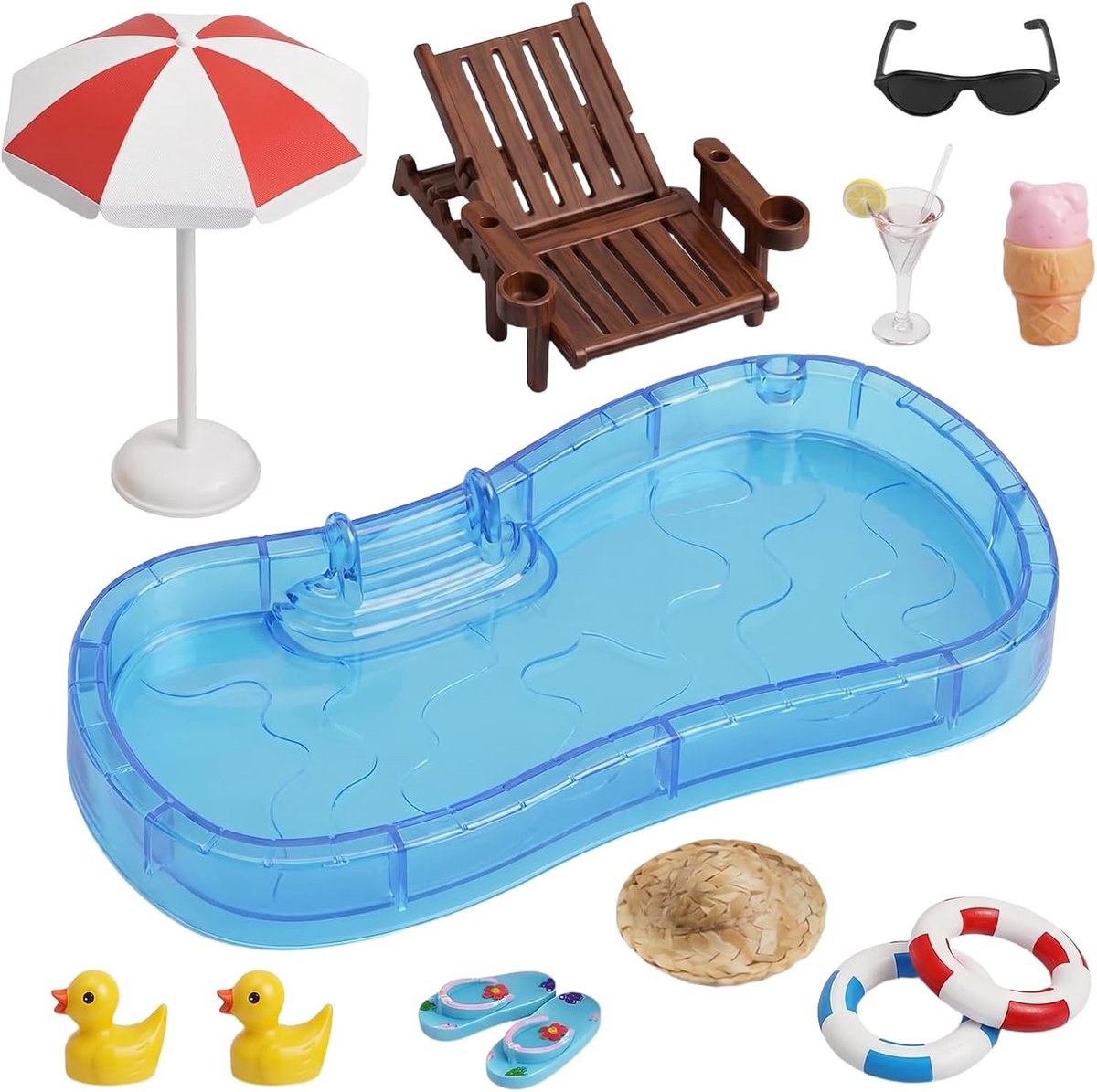 12-delige set miniatuurdecoraties voor strand-microlandschap | Inclusief strandstoel, zwembad, zwembanden en meer (accessoires voor poppenhuis/sprookjestuin op schaal 1:12)