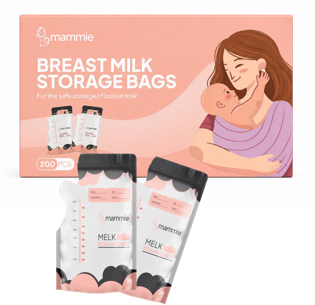 Mammie Moedermelk Bewaarzakjes - 200 Stuks 300ML - met Schenktuit - Extra Groot - BPA vrij - Borstvoeding Bewaarzakje
