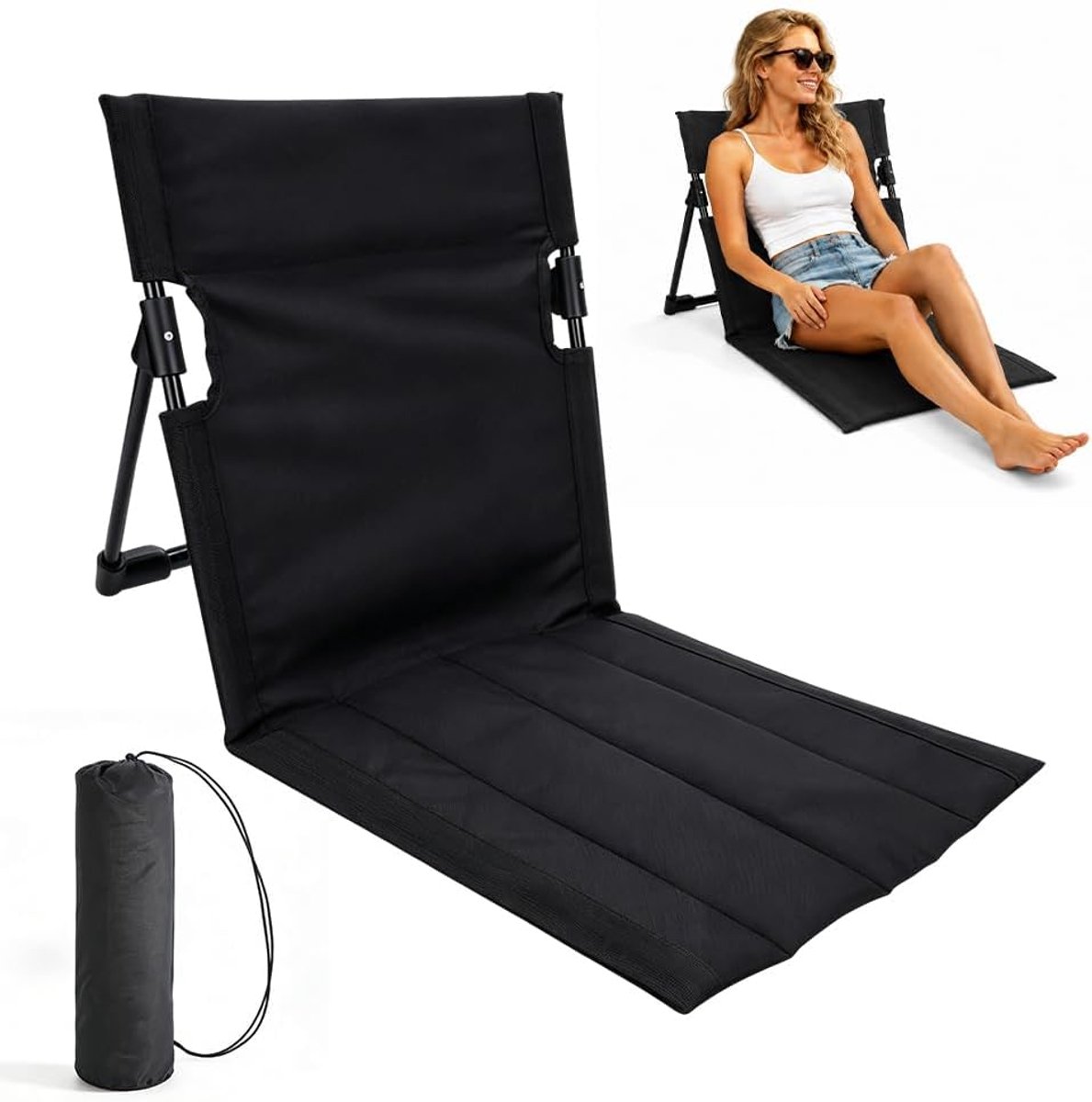 Vloerstoel met rugleuning, comfortabele strandmat met rugleuning, 600D Oxford-weefsel, vloerstoel, outdoor, strandmat, inklapbaar, met draagtas voor strand, vissen, picknick, kamperen, wandelen (zwart