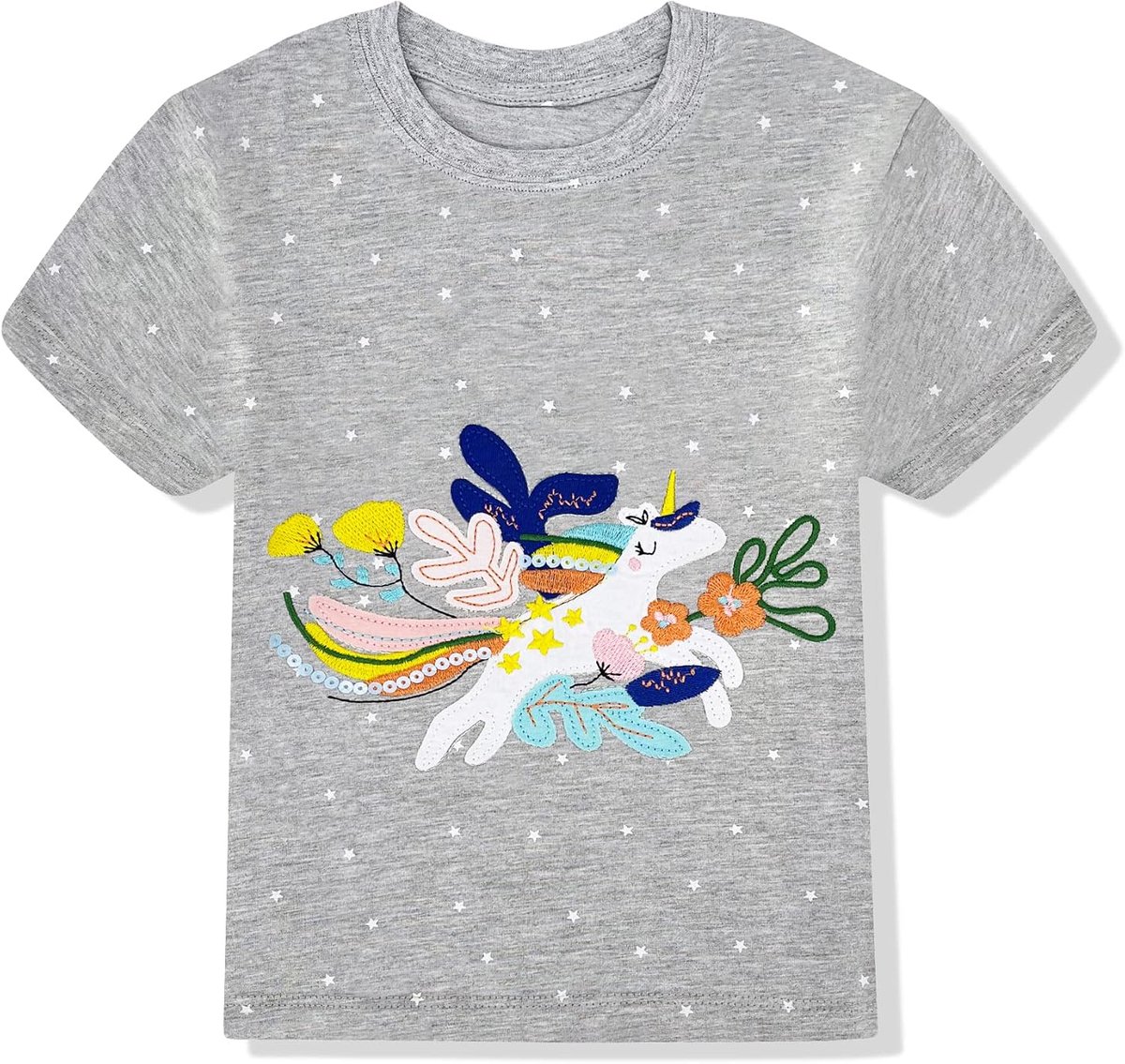 T-shirt voor meisjes, eenhoorn, kindershirt, korte mouwen, katoen, zomer, pailletten, borduurwerk, design met opdruk en kleur in het shirt