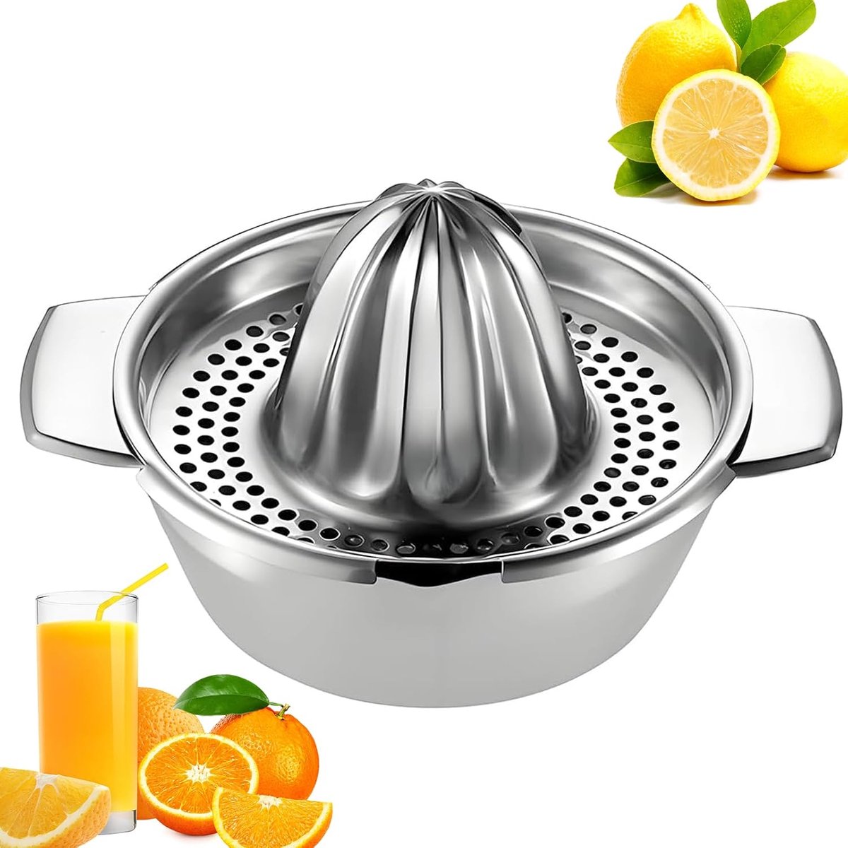 Stalen citroenpers met houder, handmatige sinaasappelpers, robuuste limoenpers, roestvrij fruitpers, handpers, sappers, thuissapcentrifuge voor citrusvruchten, vaatwasmachinebestendig