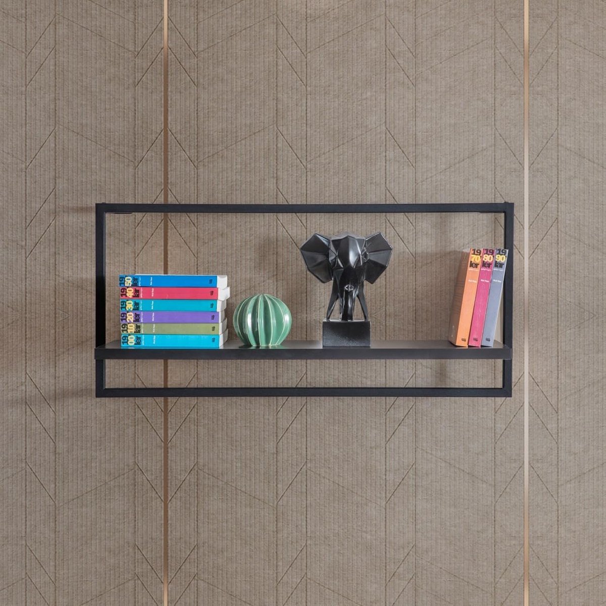 Zwarte wandplank, 71,1 cm x 33 cm x 18 cm, 100% melamine gecoat deeltjesbord en metalen frame, duurzaam en modern design voor thuis en op kantoor