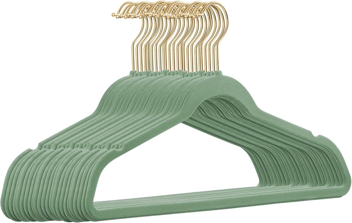 25-delig set van hoogwaardige fluwelen kleerhangers in de kleur saliegroen met goudkleurige haak/anti-slip/van StickandShine