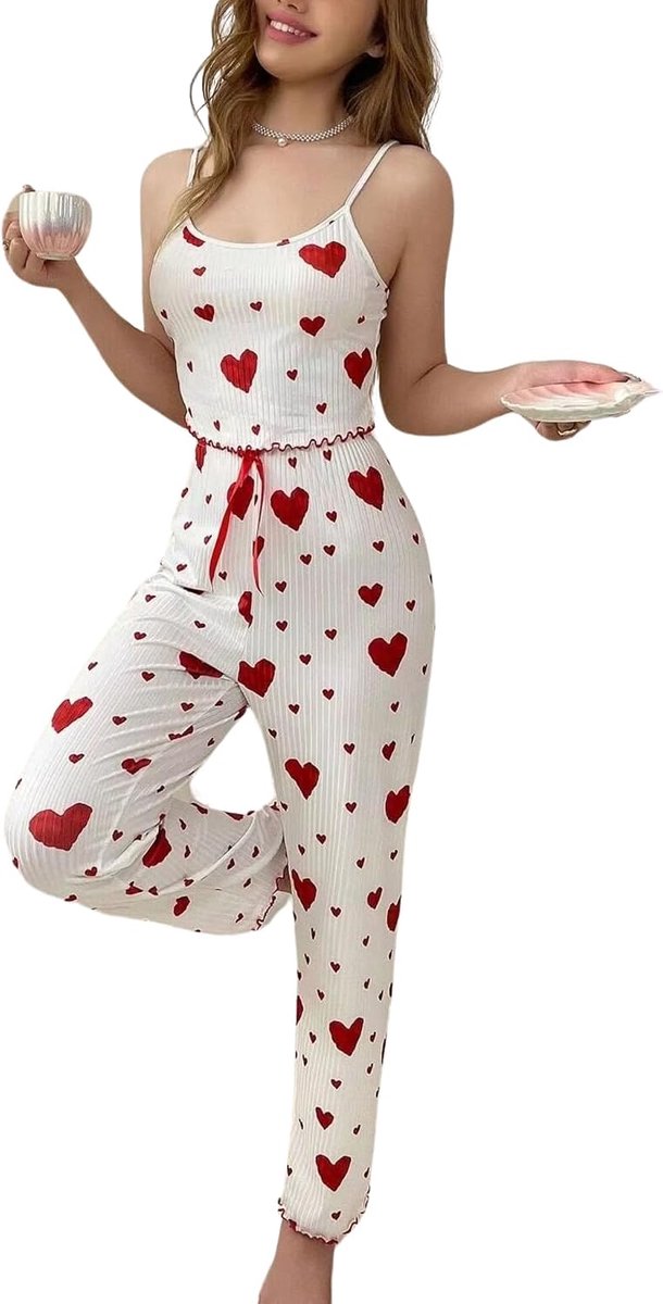 2-delige pyjamaset voor dames, met hartvormige print, camisole top en broek, sexy pyjama, schattig, comfortabel, mouwloos, sleepwear
