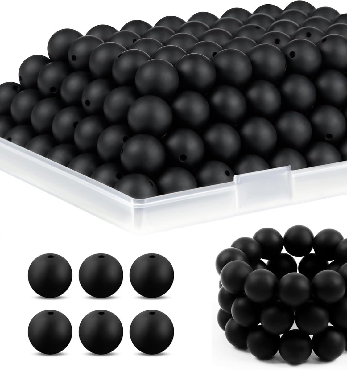 Kralen om te rijgen, 15 mm siliconen kralen, knutselkralen voor armbanden, halskettingen, sleutelhangers, sieraden maken, doe-het-zelf handwerk (zwart)