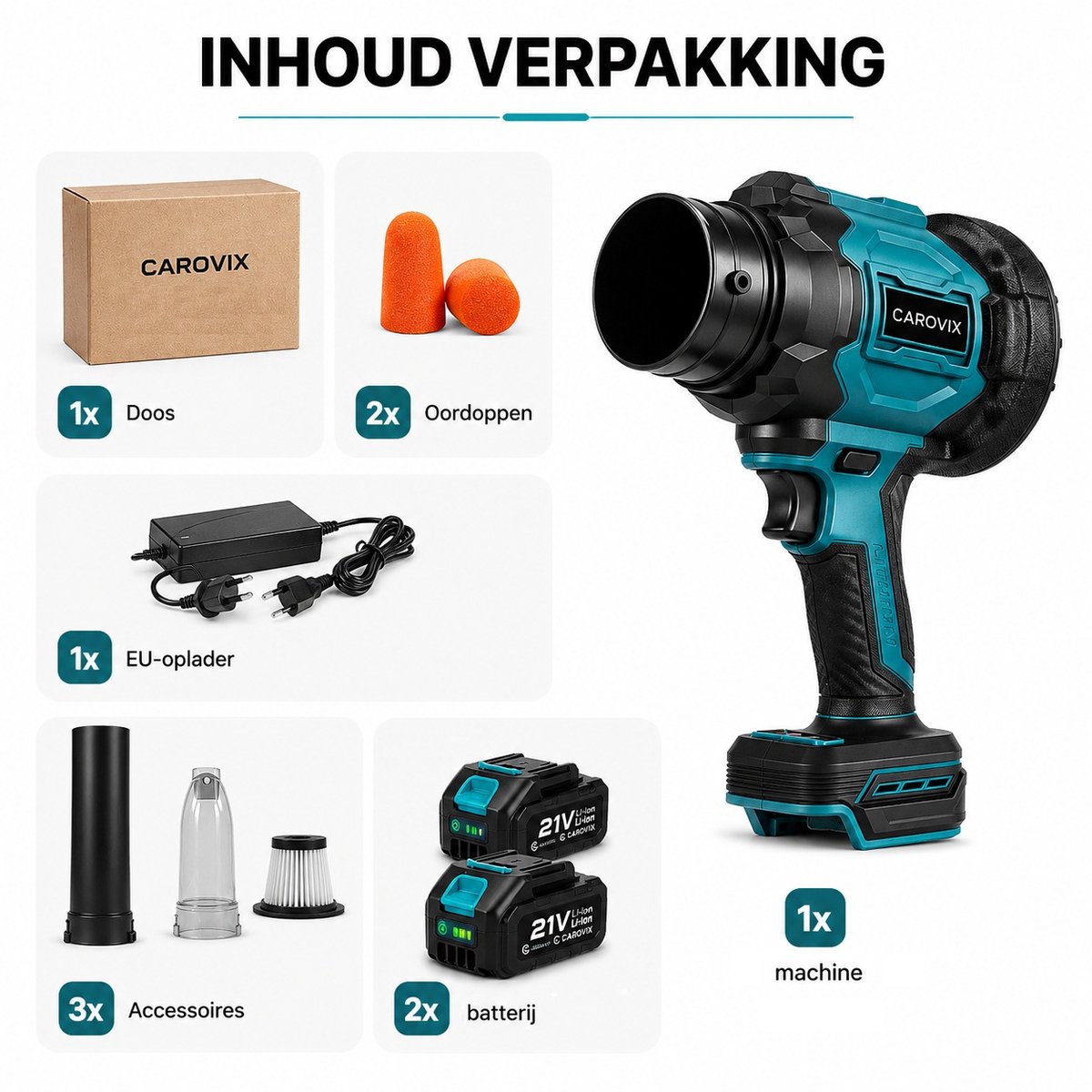 Carovix® Bladblazer op accu - 2-in-1 Accu Bladblazer & Handstofzuiger – Krachtig Blazen en Zuigen - 2 Accu’s - 350km/u Luchtsnelheid - Voor Tuin, Auto & Huis - Handblazer - Draadloze Luchtblazer - Auto Droger - Turbo Ventilator - Stofblazer – foto 8