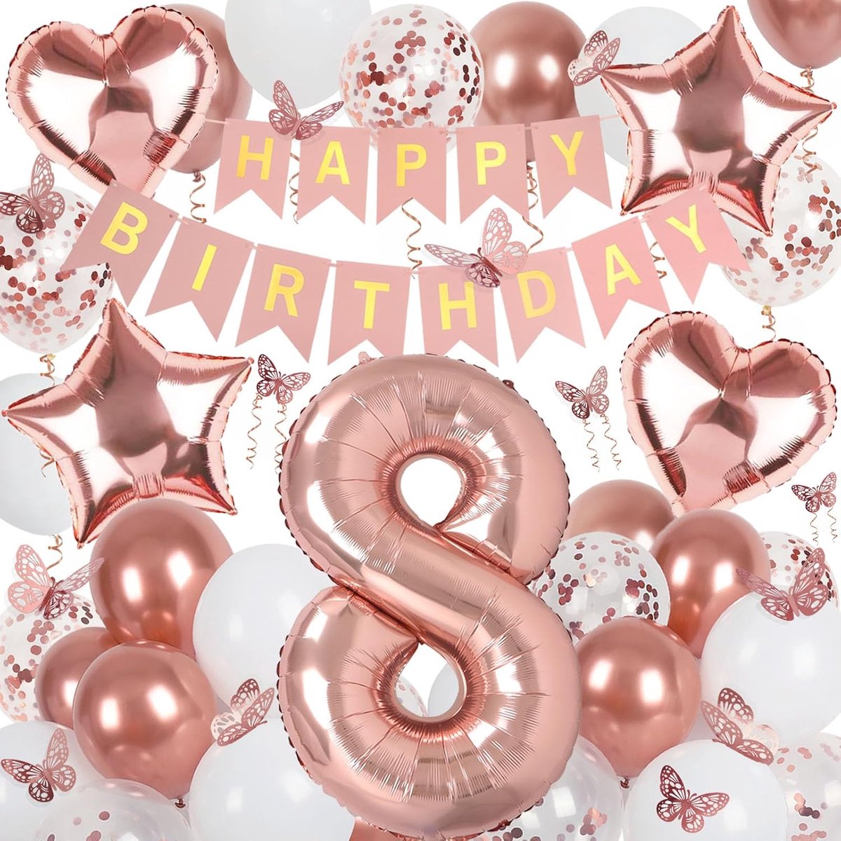Verjaardagsdecoratie voor de 8e verjaardag van een meisje, roségouden ballon voor de 8e verjaardag, Happy Birthday-slinger en vlinders decoratie, roségouden decoratie voor de 8e verjaardag van een