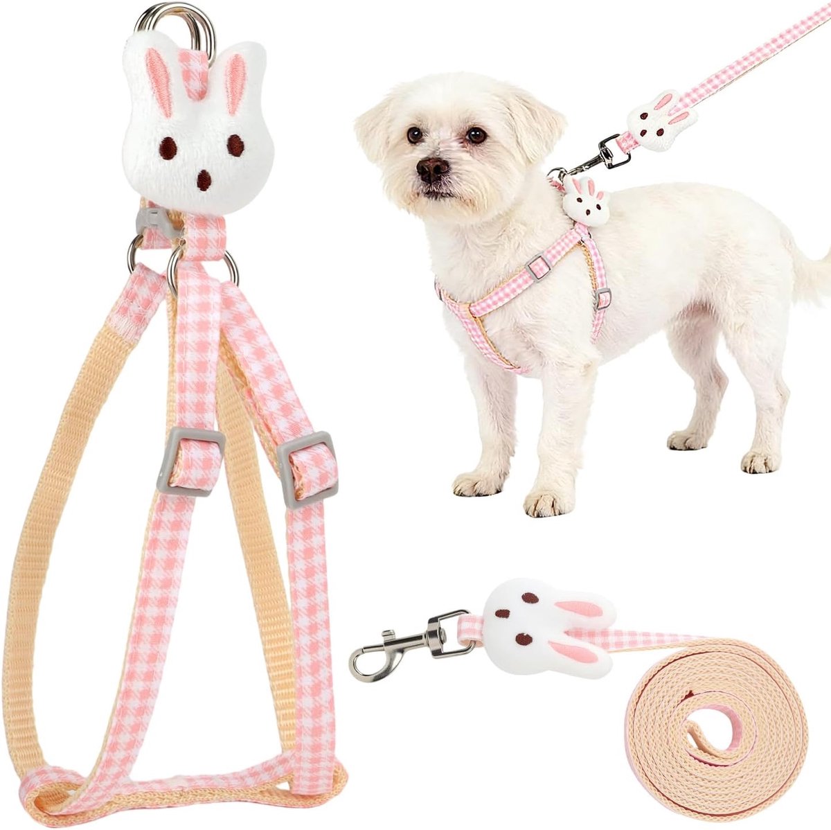 Hondenharnas voor kleine honden met roze konijnenpoppen, reflecterend, 1,5 m touw, verstelbaar harnas voor kleine honden (maat S, 38-44 cm borstomvang)
