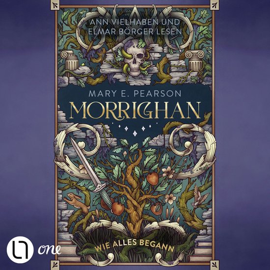Boekomslag Morrighan - Wie alles begon met Mary E. Pearson, met een boom, schedel en wapens.