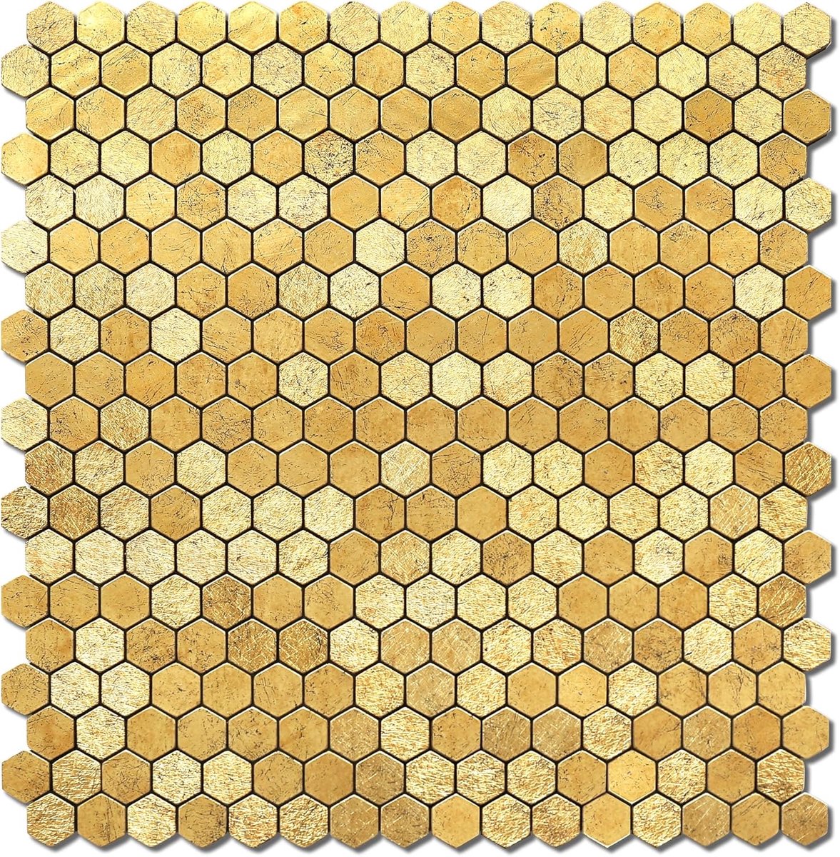 Metallic gouden zelfklevende tegels voor spatwand in de keuken, zelfklevende tegelstickers, 3D pel en plak wandtegels, metallic mozaïektegels, hittebestendige tegels (Penny zeshoekig, 5 vellen)