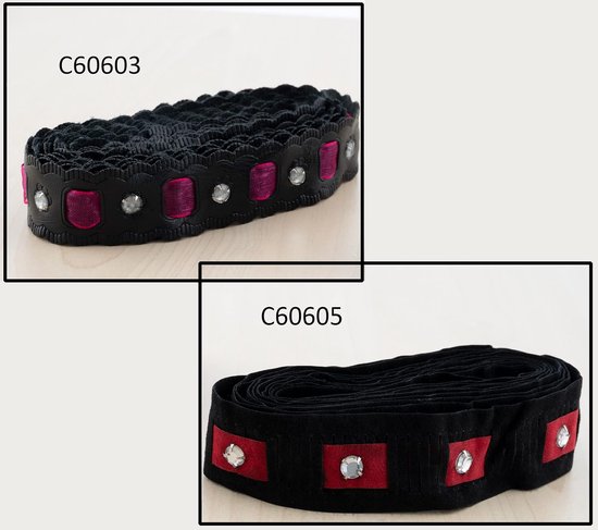 C60605 - Koord 2 meter x 24 mm van kunstleer en valse vallen - kleding korte- hobby decoratie rokken naaien ornament kunst - zwart en rood — afbeelding 3