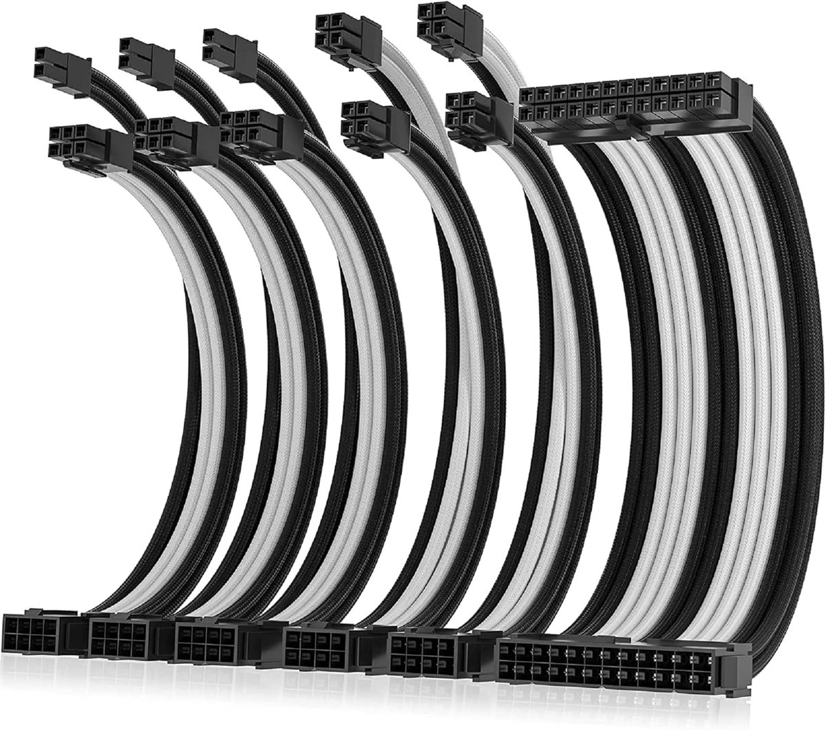 Update 16AWG PSU-kabelverlenging, Kabelset met pc-mouwen voor GPU/CPU, voeding computer kabelverlengingen,24PIN/(6+2) PIN/(4+4) PIN kabelmanagement,30CM, Zwart+Wit