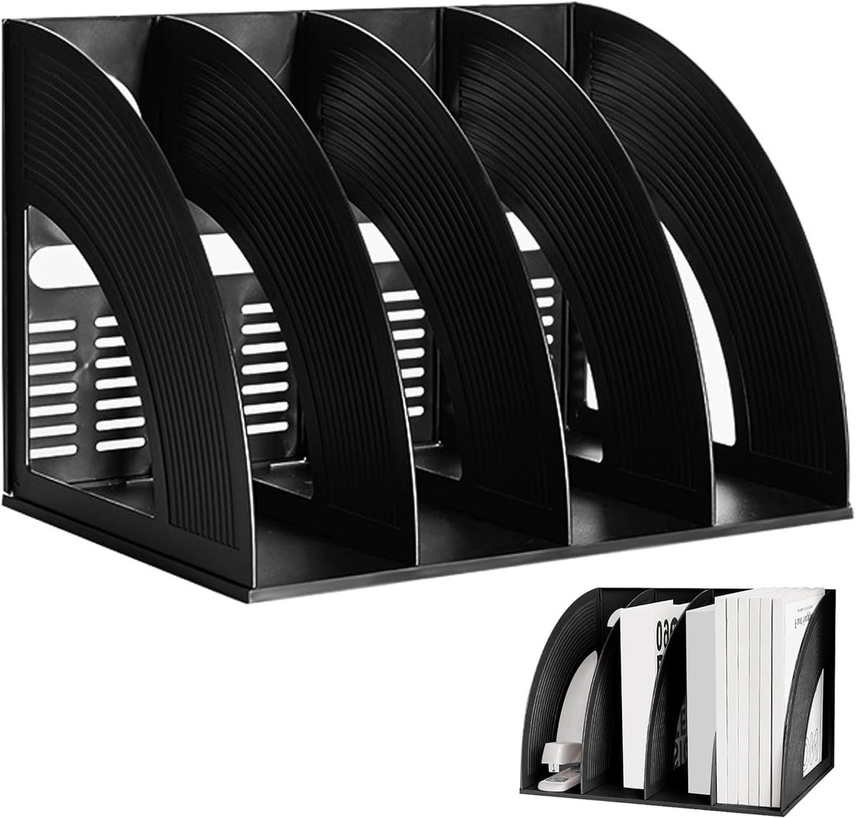 Ruimtebesparende Desk Organizer met Vouwbare Stand, Documenthouder met 4 Compartimenten voor Opberging van Documenten en Tijdschriften, Zwart