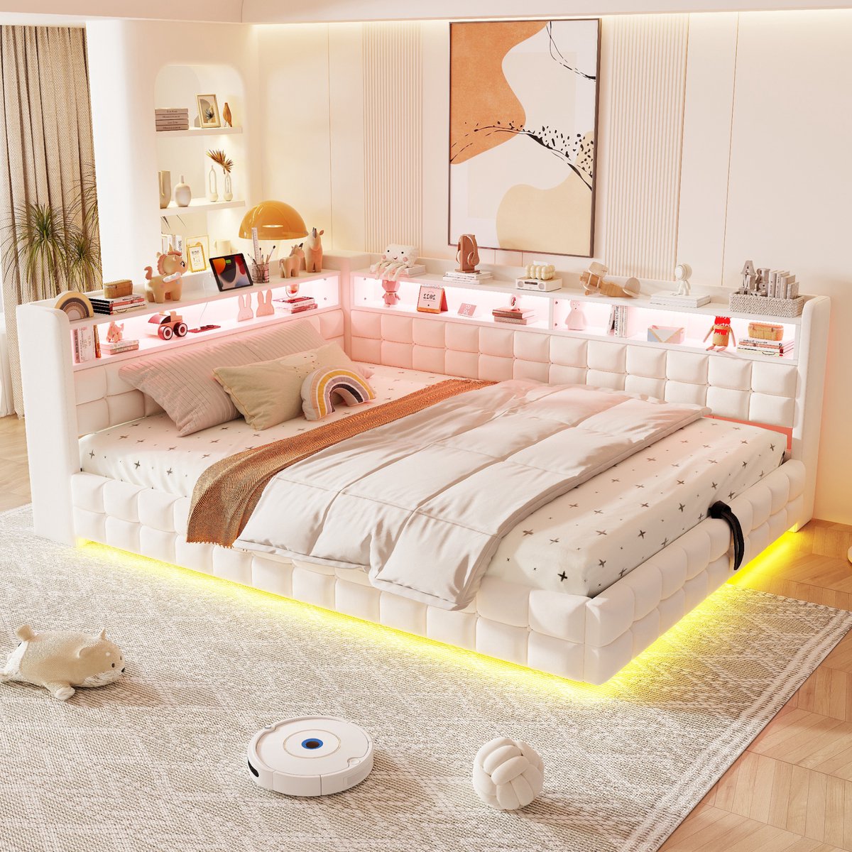 VVBV Bedbank 140x200 cm - Hydraulische Opbergruimte, USB & Type-C, Stopcontact, LED-Verlichting - Beige, Stof