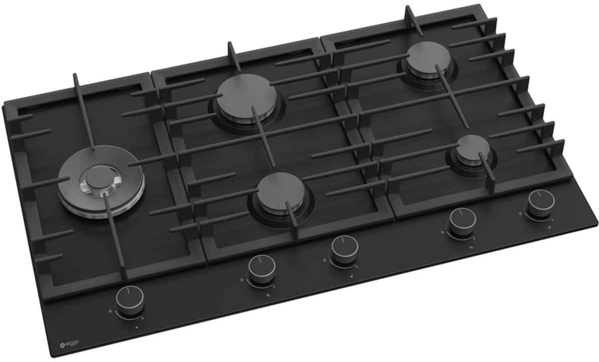 Wiggo WH-G935RR(B) - Inbouw Gaskookplaat - Wok brander - 90 cm - 5 Kookzones - Gietijzeren pannendragers - 5 jaar garantie - Zwart Geëmailleerd