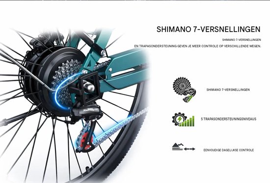 Close-up van de versnellingsnaaf van een groene elektrische fiets met tekst over Shimano 7 versnellingen.