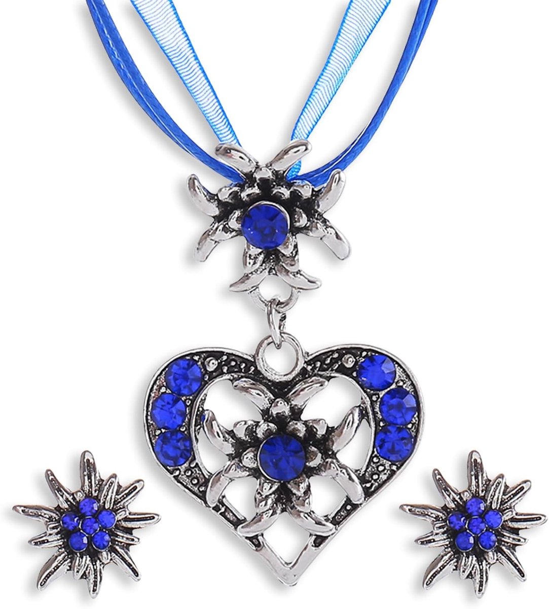 Oktoberfest accessoires voor vrouwen: dirndl, blauwe ketting, edelweiss sieraden set, Wiesn kostuum, feestelijke sieraden, oorbellen en kettingen voor een perfecte bierparty