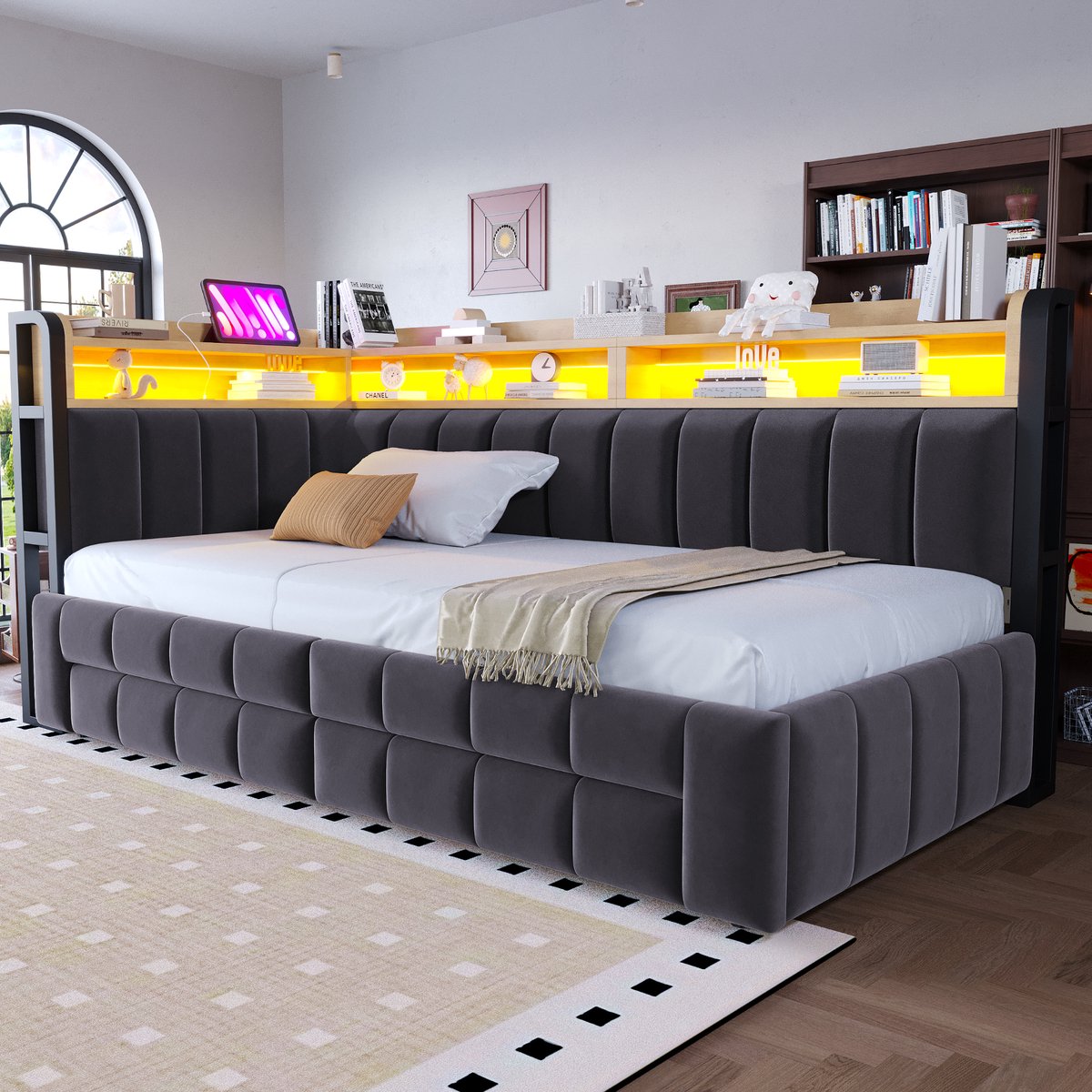 VVBV Bedbank 90/180x200 cm - Uitschuifbaar, USB & Type-C, Opbergruimte, LED-Verlichting - Donkergrijs, Fluweel