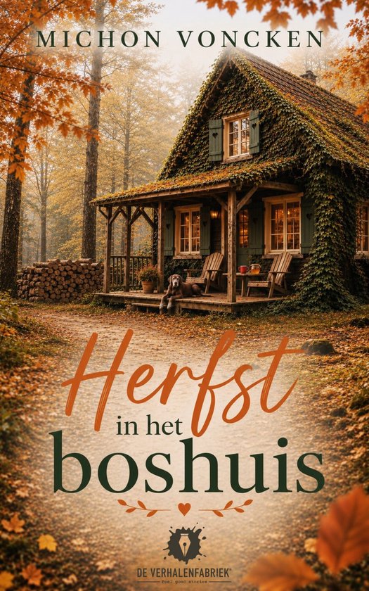 Boekomslag 'Herfst in het boshuis' met een huisje begroeid met klimop, een hond op de veranda en herfstbladeren.