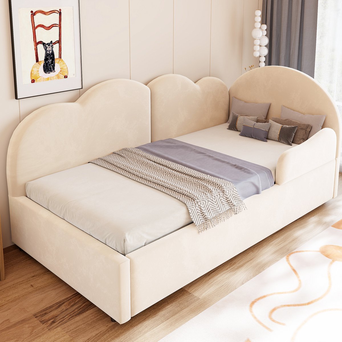 VVBV Bedbank 90x200 cm - Uitschuifbaar, Ruimtebesparend, Gestoffeerd Hoofdbord - Beige, Stof