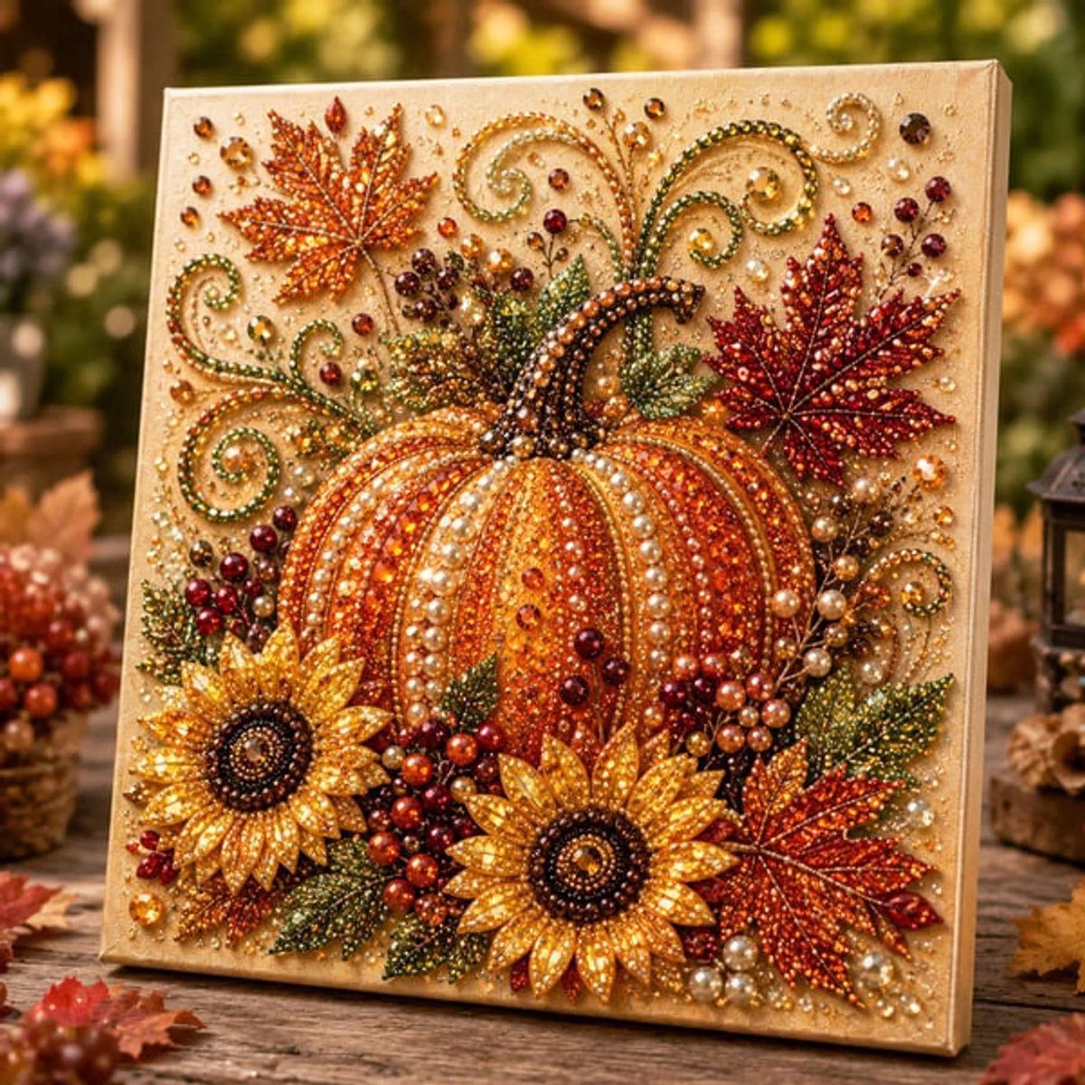 Casalora® Herfst Parel Diamond Painting – DIY 3D Pompoen Kunstwerk – Sprankelende Parelschildering met Voorgespannen Frame – Creatieve Hobby voor Volwassenen – Herfstdecoratie – 20 × 20 cm