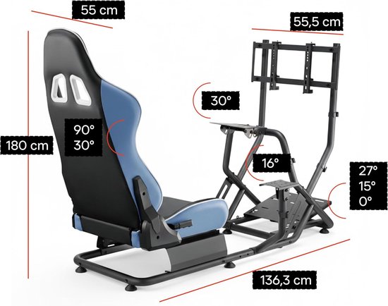 Racestoel cockpit - Sim race stoel - Race simulatie - Volledig verstelbaar - 136 x 71 x 108 cm - Zwart — afbeelding 5
