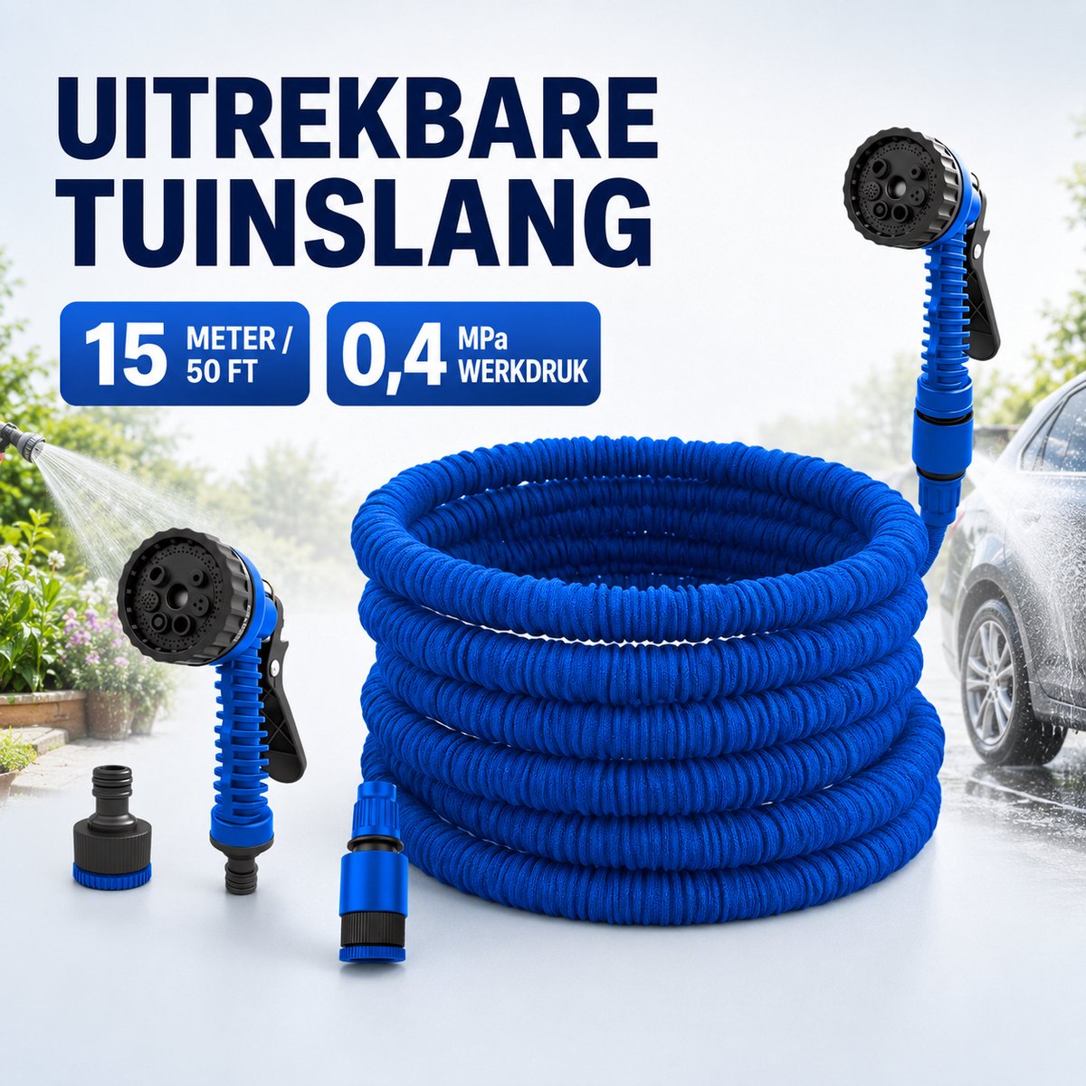 Flexibele Tuinslang 15 Meter (50FT) – Blauwe Uitrekbare Waterslang met Multifunctionele Sproeikop en Koppelstukken – 0,4 MPa Werkdruk – Voor Tuin, Planten, Terras en Auto