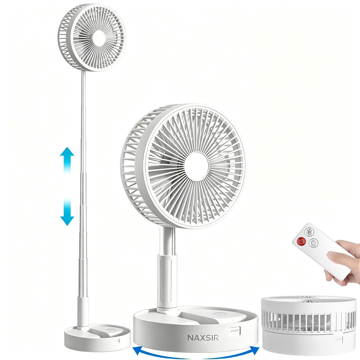 NAXSIR Opvouwbare Telescopische Ventilator Oplaadbaar,4 Snelheden incl. Natuurwind,Stil,Afstandsbediening