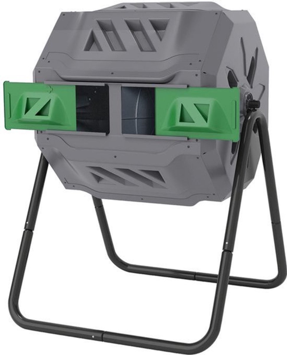 Compostbak – Compostcontainer – Compostton – Compostvat – Composteerbak – 2-Kamer Systeem – 160L Capaciteit – Draaibare Trommel – Grijs Groen Zwart
