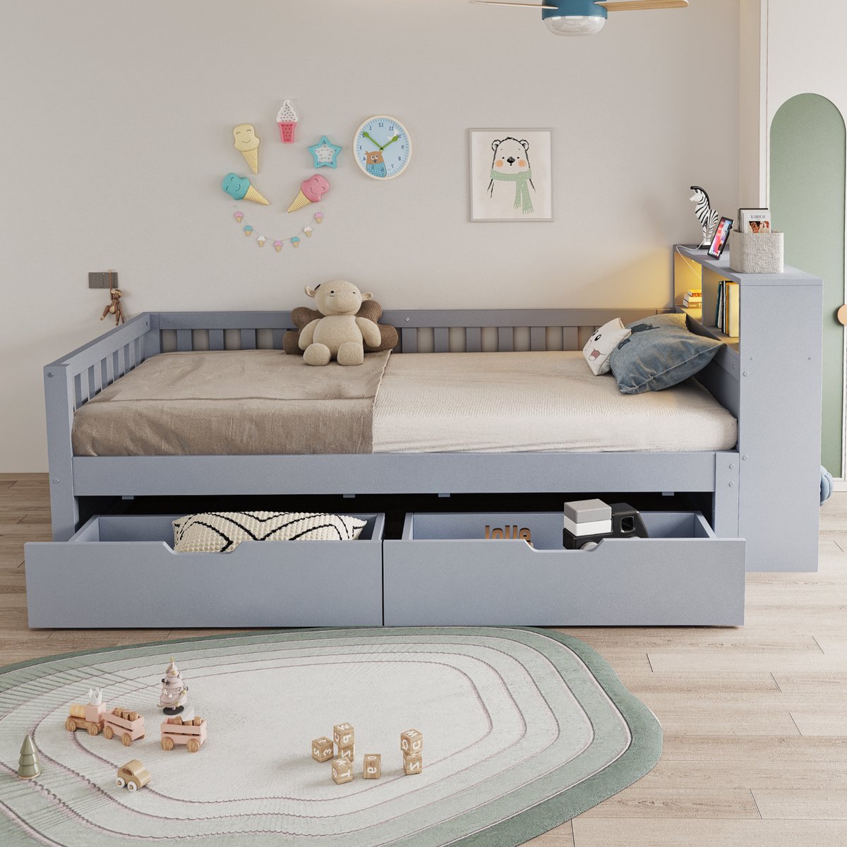 VVBV Eenpersoonsbed 90x200 cm - Uitvalbeveiliging, USB & Type-C, Opbergruimte, Stopcontact - Grijs, Hout